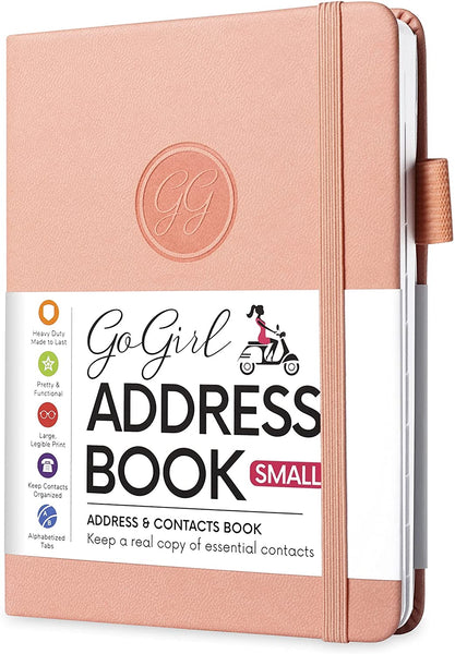 GoGirl Address Book – Telephone and Address Book with Alphabetic Tabs for Safely Storing Contacts, Small-Sized (4.0″ x 5.5″) & Medium (5.0″ x 7.5″) PU Leather Peach Pink Hardcover