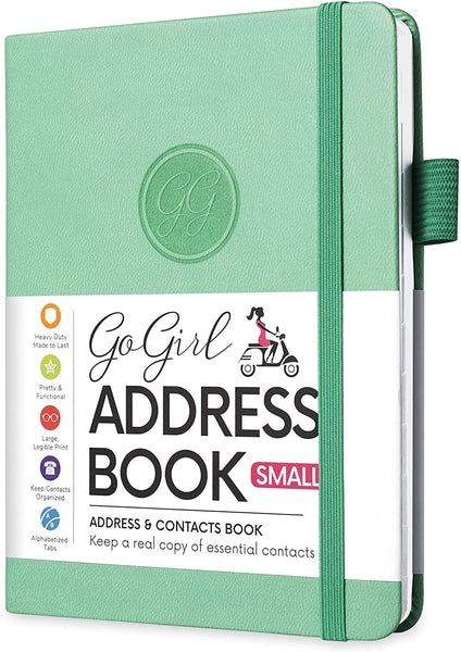 GoGirl Address Book – Telephone and Address Book with Alphabetic Tabs for Safely Storing Contacts, Small-Sized (4.0″ x 5.5″) & Medium (5.0″ x 7.5″) PU Leather Emerald Hardcover