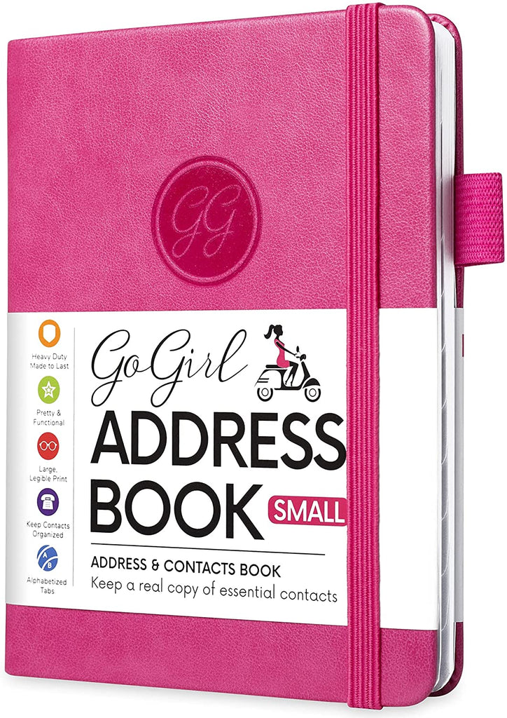 GoGirl Address Book – Telephone and Address Book with Alphabetic Tabs for Safely Storing Contacts, Small-Sized (4.0″ x 5.5″) PU Leather Hot Pink Hardcover