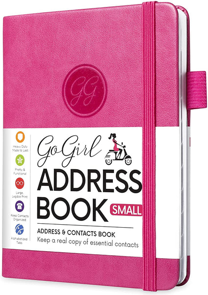 GoGirl Address Book – Telephone and Address Book with Alphabetic Tabs for Safely Storing Contacts, Small-Sized (4.0″ x 5.5″) PU Leather Hot Pink Hardcover