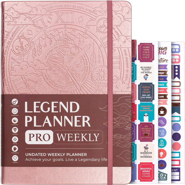 Legend Planner PRO – Deluxe Weekly & Monthly Life Planner to Increase Productivity and Hit Your Goals. Time Management Organizer Notebook – Undated – 7 x 10" Hardcover + Stickers