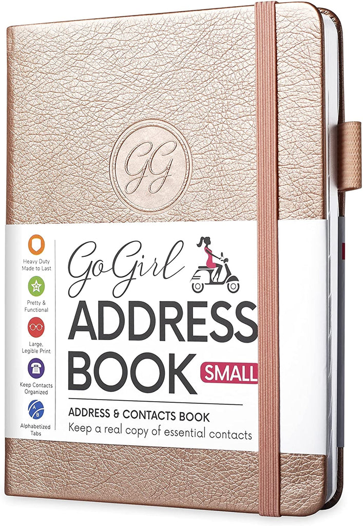 GoGirl Address Book – Telephone and Address Book with Alphabetic Tabs for Safely Storing Contacts, Small-Sized (4.0″ x 5.5″) & Medium (5.0″ x 7.5″) PU Leather Rose Gold Hardcover
