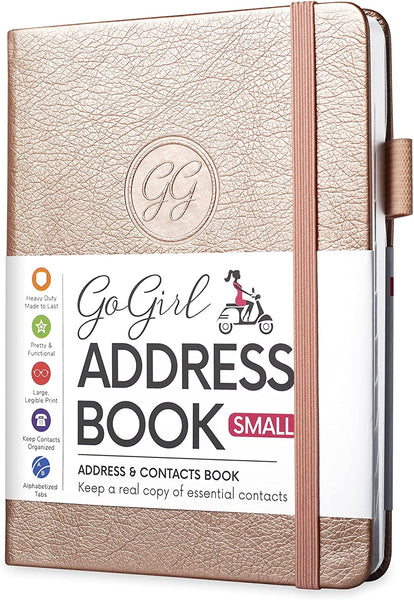 GoGirl Address Book – Telephone and Address Book with Alphabetic Tabs for Safely Storing Contacts, Small-Sized (4.0″ x 5.5″) & Medium (5.0″ x 7.5″) PU Leather Rose Gold Hardcover