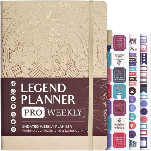 Legend Planner PRO – Deluxe Weekly & Monthly Life Planner to Increase Productivity and Hit Your Goals. Time Management Organizer Notebook – Undated – 7 x 10" Hardcover + Stickers