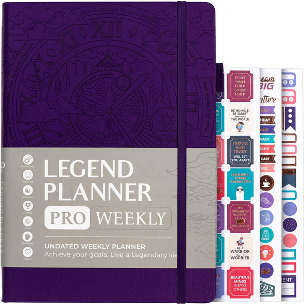 Legend Planner PRO – Deluxe Weekly & Monthly Life Planner to Increase Productivity and Hit Your Goals. Time Management Organizer Notebook – Undated – 7 x 10" Hardcover + Stickers
