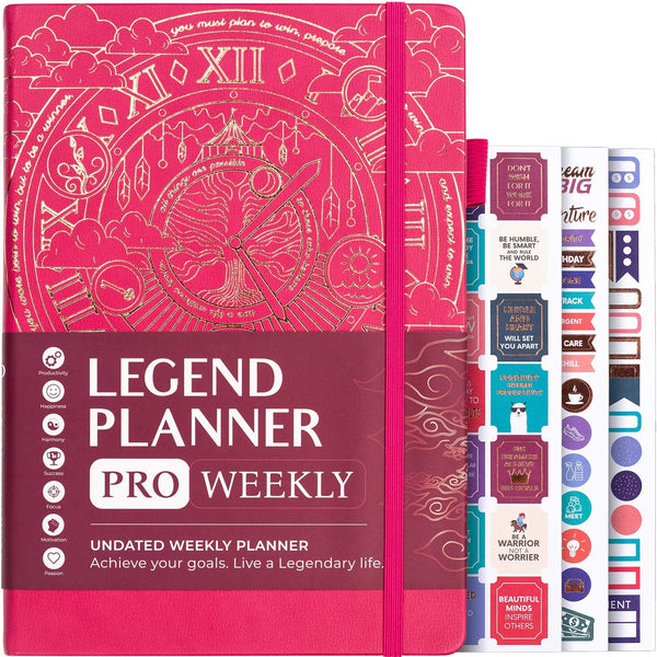 Legend Planner PRO – Deluxe Weekly & Monthly Life Planner to Increase Productivity and Hit Your Goals. Time Management Organizer Notebook – Undated – 7 x 10" Hardcover + Stickers