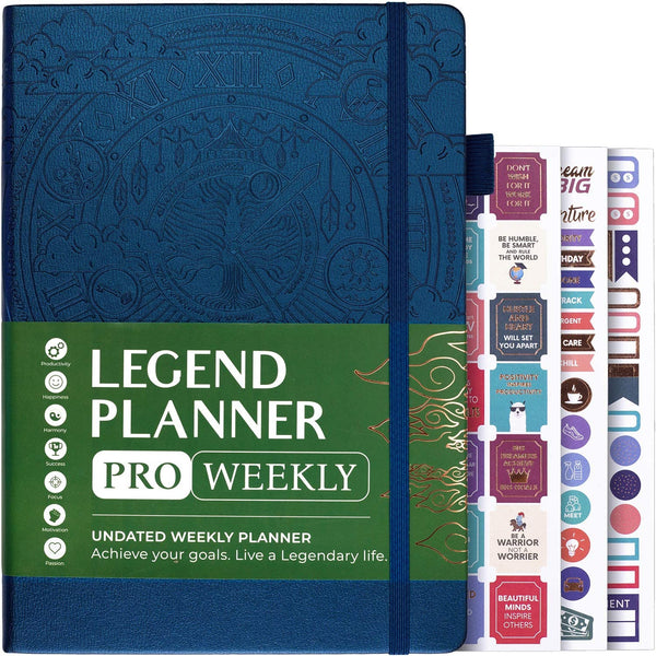 Legend Planner PRO – Deluxe Weekly & Monthly Life Planner to Increase Productivity and Hit Your Goals. Time Management Organizer Notebook – Undated – 7 x 10" Hardcover + Stickers