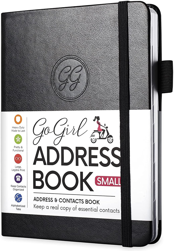GoGirl Address Book – Telephone and Address Book with Alphabetic Tabs for Safely Storing Contacts, Small-Sized (4.0″ x 5.5″) & Medium (5.0″ x 7.5″) PU Leather Black Hardcover