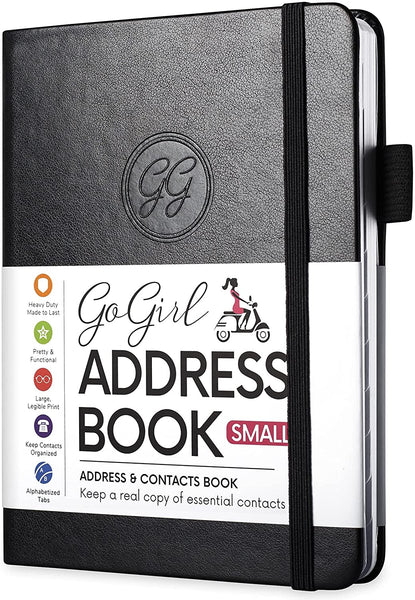 GoGirl Address Book – Telephone and Address Book with Alphabetic Tabs for Safely Storing Contacts, Small-Sized (4.0″ x 5.5″) & Medium (5.0″ x 7.5″) PU Leather Black Hardcover
