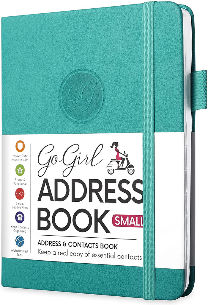 GoGirl Address Book – Telephone and Address Book with Alphabetic Tabs for Safely Storing Contacts, Small-Sized (4.0″ x 5.5″) & Medium (5.0″ x 7.5″) PU Leather Turquoise Hardcover