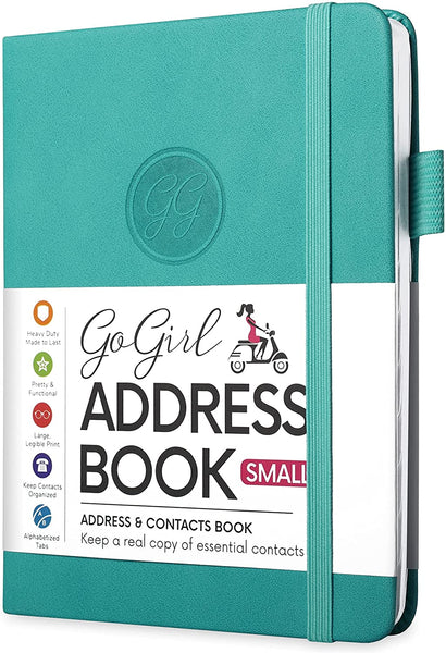 GoGirl Address Book – Telephone and Address Book with Alphabetic Tabs for Safely Storing Contacts, Small-Sized (4.0″ x 5.5″) & Medium (5.0″ x 7.5″) PU Leather Turquoise Hardcover