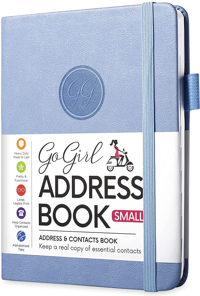 GoGirl Address Book – Telephone and Address Book with Alphabetic Tabs for Safely Storing Contacts, Small-Sized (4.0″ x 5.5″) & Medium (5.0″ x 7.5″) PU Leather Light Blue Hardcover
