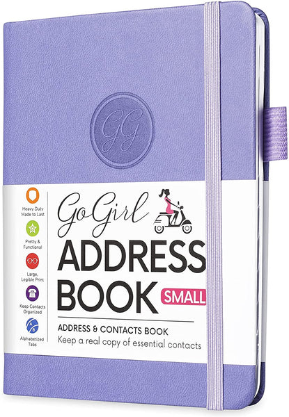 GoGirl Address Book – Telephone and Address Book with Alphabetic Tabs for Safely Storing Contacts, Small-Sized (4.0″ x 5.5″) & Medium (5.0″ x 7.5″) PU Leather Lavender Hardcover