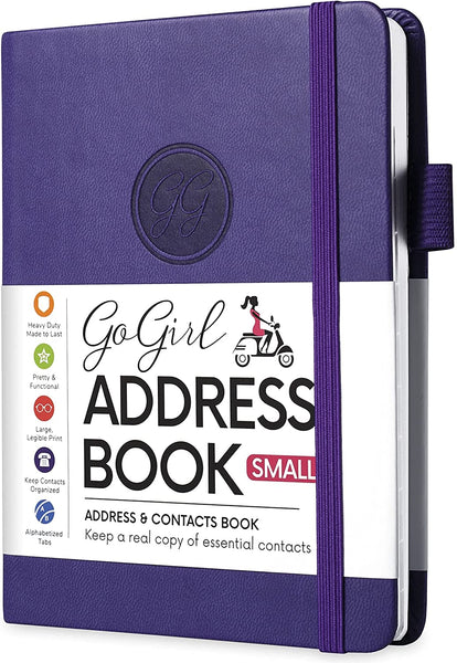 GoGirl Address Book – Telephone and Address Book with Alphabetic Tabs for Safely Storing Contacts, Small-Sized (4.0″ x 5.5″) & Medium (5.0″ x 7.5″) PU Leather Purple Hardcover