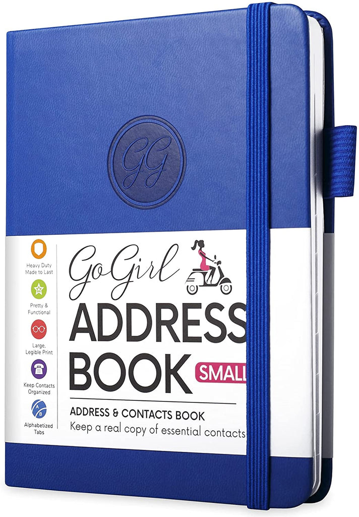 GoGirl Address Book – Telephone and Address Book with Alphabetic Tabs for Safely Storing Contacts, Small-Sized (4.0″ x 5.5″) & Medium (5.0″ x 7.5″) PU Leather Royal Blue Hardcover