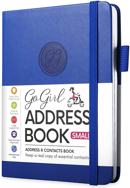GoGirl Address Book – Telephone and Address Book with Alphabetic Tabs for Safely Storing Contacts, Small-Sized (4.0″ x 5.5″) & Medium (5.0″ x 7.5″) PU Leather Royal Blue Hardcover