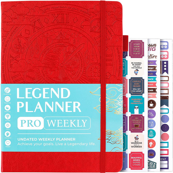 Legend Planner PRO – Deluxe Weekly & Monthly Life Planner to Increase Productivity and Hit Your Goals. Time Management Organizer Notebook – Undated – 7 x 10" Hardcover + Stickers