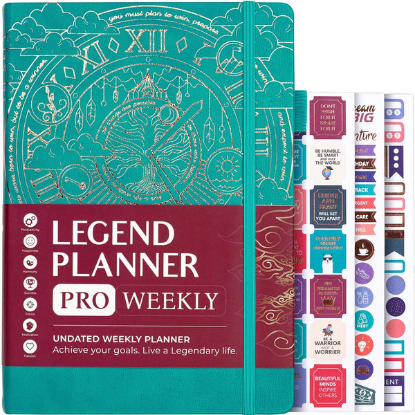 Legend Planner PRO – Deluxe Weekly & Monthly Life Planner to Increase Productivity and Hit Your Goals. Time Management Organizer Notebook – Undated – 7 x 10" Hardcover + Stickers
