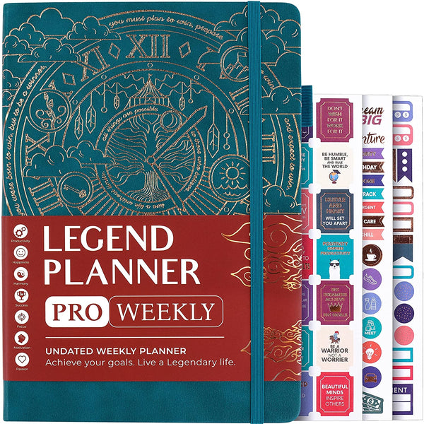 Legend Planner PRO – Deluxe Weekly & Monthly Life Planner to Increase Productivity and Hit Your Goals. Time Management Organizer Notebook – Undated – 7 x 10" Hardcover + Stickers