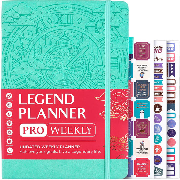 Legend Planner PRO – Deluxe Weekly & Monthly Life Planner to Increase Productivity and Hit Your Goals. Time Management Organizer Notebook – Undated – 7 x 10" Hardcover + Stickers