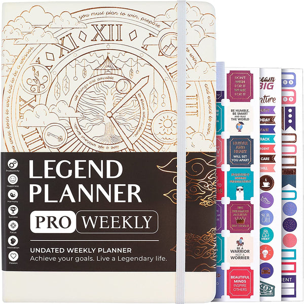 Legend Planner PRO – Deluxe Weekly & Monthly Life Planner to Increase Productivity and Hit Your Goals. Time Management Organizer Notebook – Undated – 7 x 10" Hardcover + Stickers