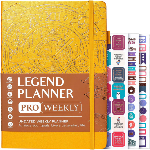 Legend Planner PRO – Deluxe Weekly & Monthly Life Planner to Increase Productivity and Hit Your Goals. Time Management Organizer Notebook – Undated – 7 x 10" Hardcover + Stickers