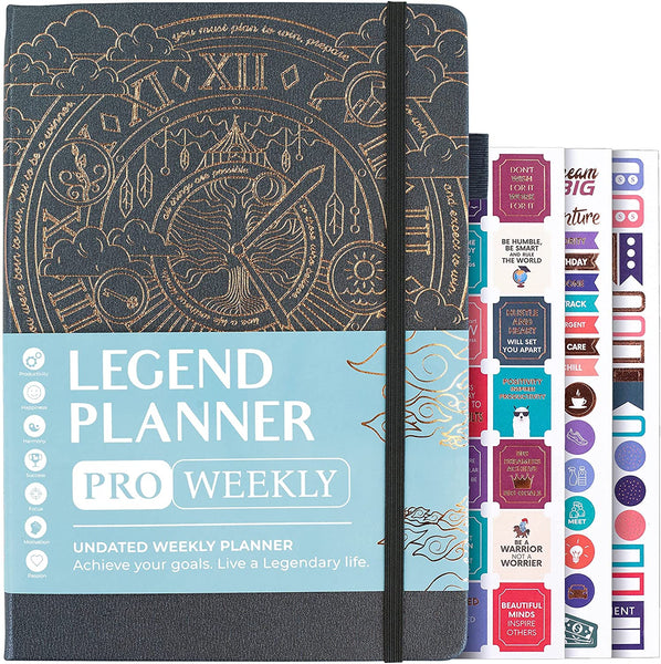 Legend Planner PRO – Deluxe Weekly & Monthly Life Planner to Increase Productivity and Hit Your Goals. Time Management Organizer Notebook – Undated – 7 x 10" Hardcover + Stickers