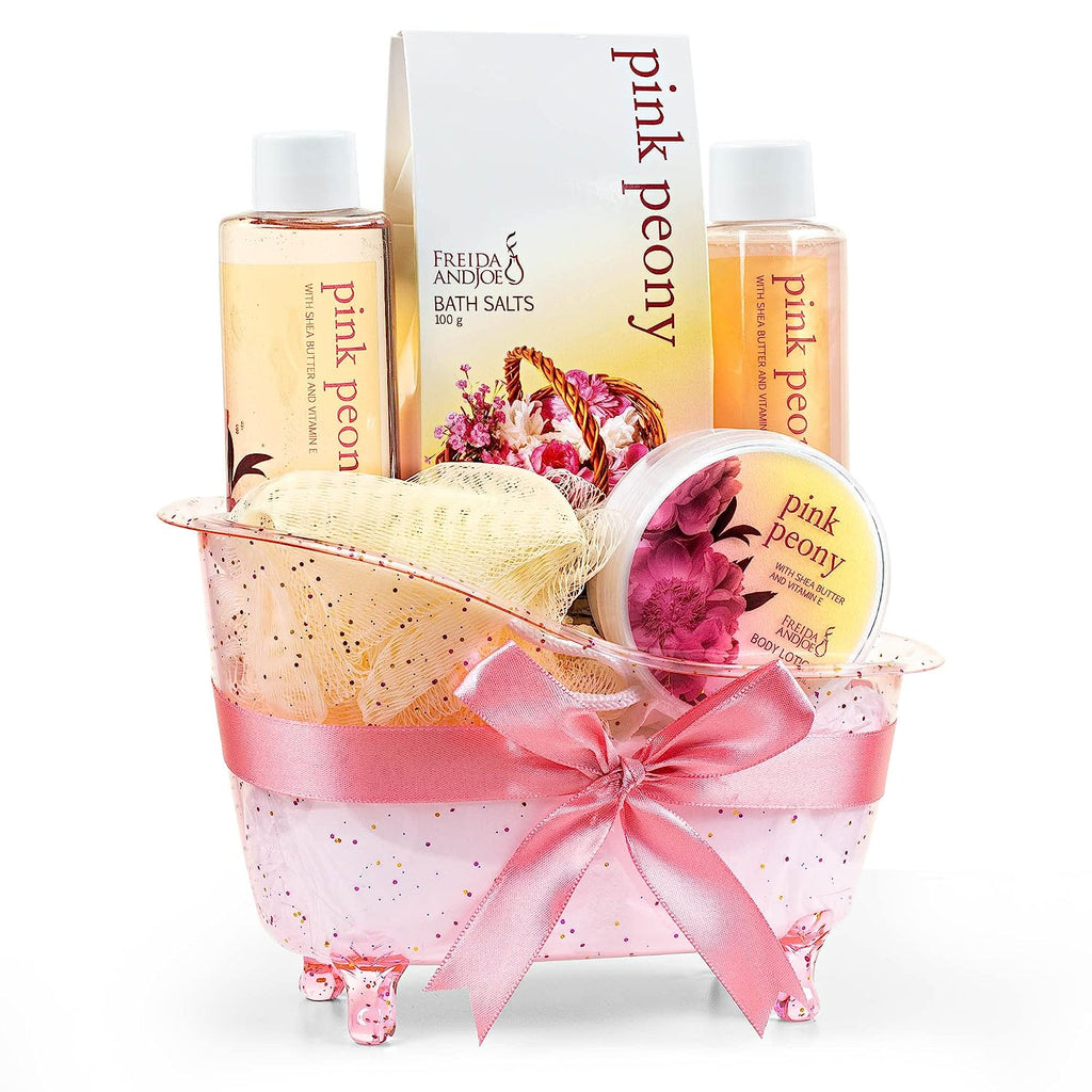 Home Spa Gift Basket Pleasantly Fragrant Peony Spa Set For Women Luxury Bath & Body Set For Women, Contains Shower Gel, Bubble Bath, Body Lotion, Peony Bath Salt and Puff in a Pink Feminine Tub