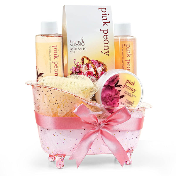 Home Spa Gift Basket Pleasantly Fragrant Peony Spa Set For Women Luxury Bath & Body Set For Women, Contains Shower Gel, Bubble Bath, Body Lotion, Peony Bath Salt and Puff in a Pink Feminine Tub