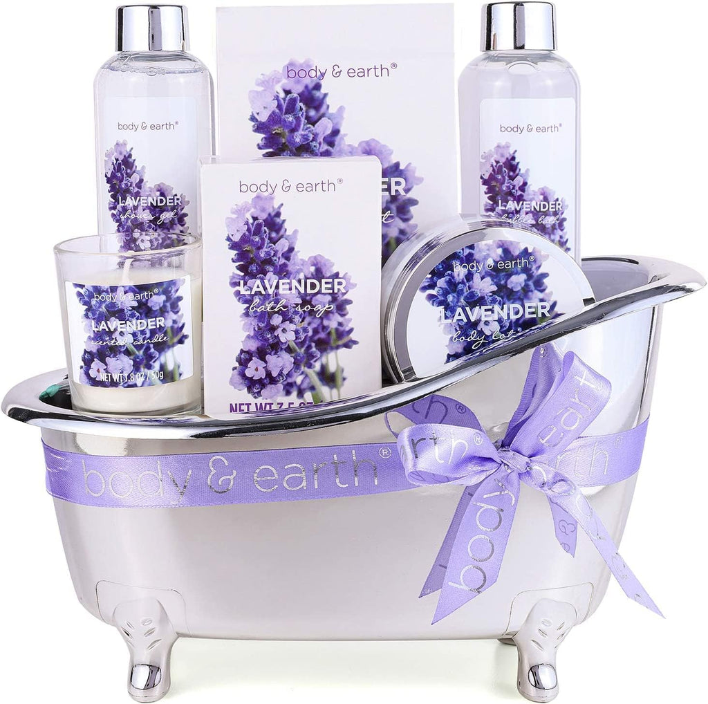 Gift Set for Women, Gift Basket for Women, Body & Earth Women Bath Set Lavender Spa Baskets with Bubble Bath, Bath Salts, Body Lotion, Scented Candle,Gifts for Women