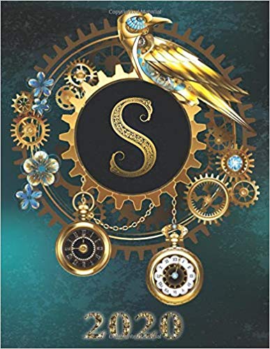 Weekly Planner Initial “S” Monogram 2020: Steampunk Teal Falcon and Clock Personalized 12-Month Large Print Letter-Sized Schedule Organizer by Week