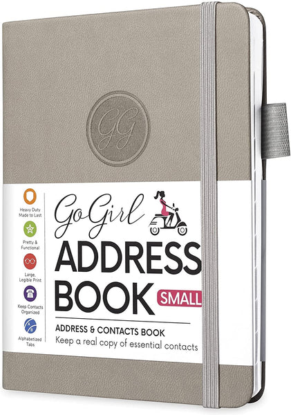 GoGirl Address Book – Telephone and Address Book with Alphabetic Tabs for Safely Storing Contacts, Small-Sized (4.0″ x 5.5″) PU Leather Grey Hardcover